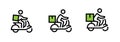 Set of delivery icons a bike courier with a cargo of small, medium and large. Editable line vector.