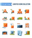 Set of delivery and logistics systems flat icons with shipment, warehouse, weighting, false documents and transportation