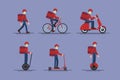 Set of Delivery Man with face mask on foot, scooter, bicycle, mono-wheel, segway. Covid-19 Coronavirus concept.
