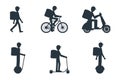 Set of delivery man silhouette on foot, scooter, bicycle, mono-wheel, segway. Stock vector illustration in flat design.