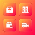 Set Delivery package with umbrella, Cardboard boxes on pallet, Search and truck icon. Vector