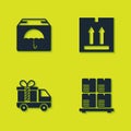 Set Delivery package with umbrella, Cardboard boxes on pallet, truck gift and traffic icon. Vector