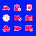 Set Delivery security with shield, Carton cardboard box, and delete, Calendar, Clock, and truck check mark icon. Vector