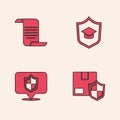 Set Delivery security with shield, Document, Graduation cap and Location icon. Vector