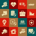 Set Delivery security with shield, Graduation cap, Ship, Money, insurance, House hand and Briefcase icon. Vector