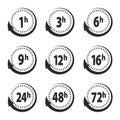 Set of delivery service time icons clock arrow 1, 3, 6, 9, 12, 16, 24, 48, 72 hours for design, stock vector illustration Royalty Free Stock Photo