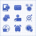 Set Delivery time, Alarm clock, Clock with shield, Target sport, Always busy, Calendar and, and Time for book icon Royalty Free Stock Photo