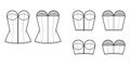 Set of Denim corset tops bustier technical fashion illustration with basque, strapless, zip-up closure, fitted body