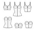 Set of Denim corset tops bustier technical fashion illustration with thin straps, strapless, zip-up closure, fitted body