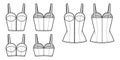 Set of Denim corset tops bustier technical fashion illustration with basque, thin straps, zip-up closure, fitted body.