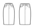 Set of Denim pencil skirts technical fashion illustration with knee length, low high normal waist rise, 5 pockets. Flat