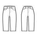 Set of Denim short pants technical fashion illustration with knee length, normal low waist, high rise, angled 5 pockets