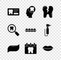 Set Dental card, Human head with tooth, Broken, Toothpaste, Calendar, Smiling lips, search and Teeth braces icon. Vector