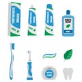 Set of dental cleaning tools. Oral care and hygiene products. Toothbrush, toothpaste, mouthwash, electric brush, tongue scraper Royalty Free Stock Photo