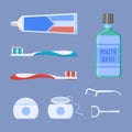 Set of dental cleaning tools. Toothpaste, toothbrush, mouthwash, dental floss and toothpick.