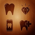 Set Dental clinic for dental care tooth, Tooth, Online dental care and Diamond teeth on wooden background. Vector Royalty Free Stock Photo