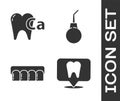 Set Dental clinic location, Calcium for tooth, Dentures model and Enema pear icon. Vector