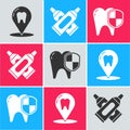 Set Dental clinic location, Crossed tube of toothpaste and Dental protection icon. Vector