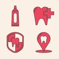 Set Dental clinic location, Tube of toothpaste, Dental clinic for dental care tooth and Dental protection icon. Vector