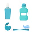 Set dental floss, mouthwash, toothpaste and toothbrush isolated on white background in flat style Royalty Free Stock Photo