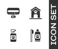 Set Dental hygiene for pets, Collar with name tag, Pet shampoo and Dog house and paw print icon. Vector