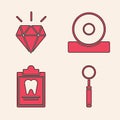 Set Dental inspection mirror, Diamond teeth, Otolaryngological head reflector and Clipboard with dental card icon