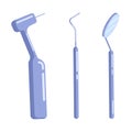 Set of dental and medical instrument. Dental drill, curette metal, inspection mirror flat icons