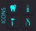 Set Dental pliers, Broken tooth, Syringe and Tooth drill icon. Black square button. Vector