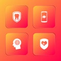 Set Dental protection, Graduation cap mobile, Head hunting concept and Shield and heart rate icon. Vector