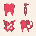 Set Dental protection, Tooth, Tooth drill and Crossed tube of toothpaste icon. Vector
