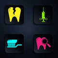Set Dental search, Broken tooth, Toothbrush with toothpaste and Dental medical syringe. Black square button. Vector Royalty Free Stock Photo