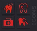 Set Dental search, Tooth whitening concept, Tooth with caries and First aid kit icon. Vector