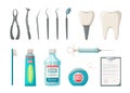 Set of dentist`s tools. Vector cartoon illustration. Clear teeth concept