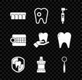 Set Dentures model, Tooth with caries, drill, Dental protection, Mouthwash plastic bottle, inspection mirror, and icon