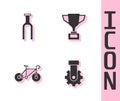 Set Derailleur bicycle rear, Bicycle fork, and Award cup with icon. Vector