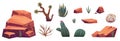 Set of desert mountain rocks, cacti, tumbleweed