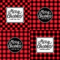 Set Design Card Merry Christmas white hand drawn lettering text inscription. Vector illustration Checkered black and red