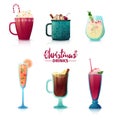 Set of design of Christmas drinks in cartoon style. Mulled wine, hot chocolate, milkshake for the New Year holiday