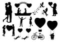 set of design element for valentine`s day with people in black silouette