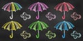 Set of Design Elements Bright Umbrellas of Different Colors Isolated on Chalkboard Backdrop. Realistic Chalk Drawn Sketch