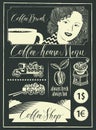 Set of design elements on coffee theme with girl Royalty Free Stock Photo