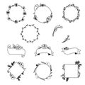 Set Of 11 Design Elements. Floral Wreath, Banner And Frames, Decorative Line Art Collection. Vector Graphic Illustration Royalty Free Stock Photo