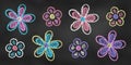 Set of Design Elements Flowers of Different Colors Isolated on Chalkboard Backdrop. Realistic Chalk Drawn Sketch