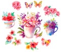 Set of design elements with flowers in pots, floral bouquets in watercolor style. Generative ai