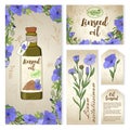 Set of design elements for packaging design with a bottle of linseed oil