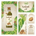 Set of design elements for packaging design with a bottle of walnut oil Royalty Free Stock Photo