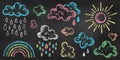 Set of Design Elements Rainbow, Sun, Clouds, Drops of Different Colors Isolated on Chalkboard Backdrop. Realistic Chalk Drawn Royalty Free Stock Photo