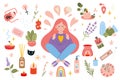 Set of design elements on self-care theme. Girl with cozy items, scandinavian hygge cartoon style. Self love, health