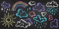 Set of Design Elements Sun, Clouds, Rain, Drops, Rainbow of Different Colors Isolated on Chalkboard Backdrop. Realistic Chalk Royalty Free Stock Photo