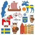 Set with design elements of symbols of Sweden and map